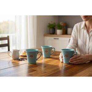 Primagera Coffee Mugs Set of 4 Blue Like New Handcrafted Portugal Beaded Rim